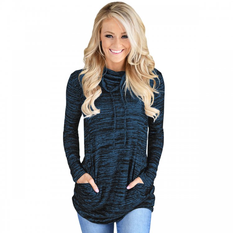Heather Blue Cozy Cowl Neck Drawstring Sweatshirt