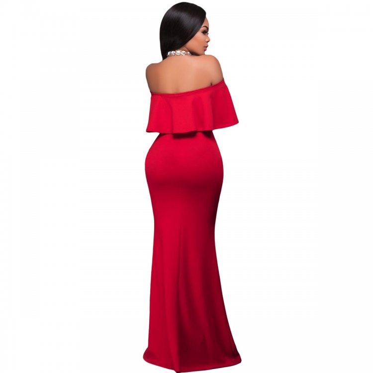 Red Ruffle Off Shoulder Maxi Party Dress