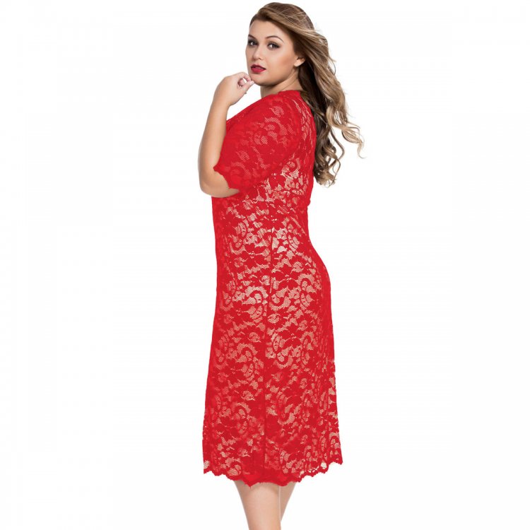 Red Plus Size V-Neck Half Sleeve Lace Midi Dress