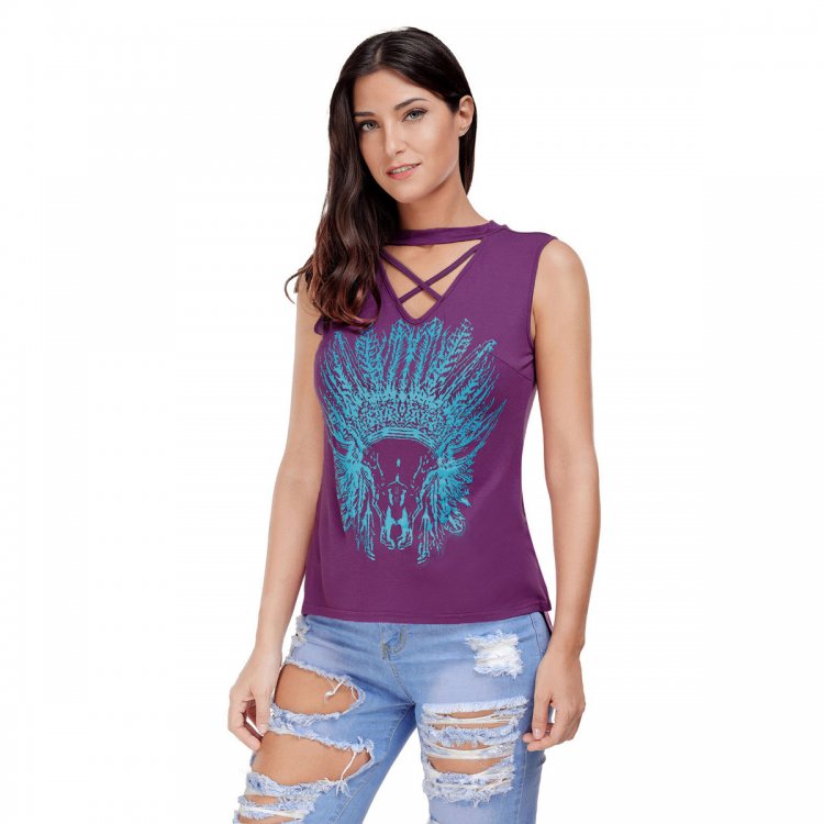 Purple Crisscross V Neck Printed Sleeveless Choker Tank Tops