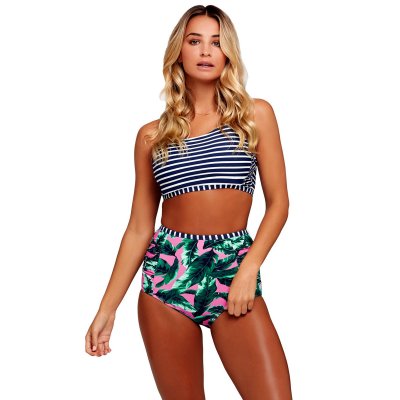 Navy Striped Crop Top and Leaf Print High Waist Swimsuit