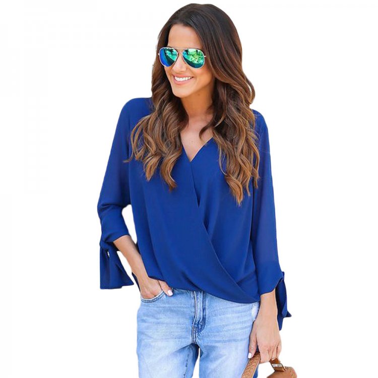 Blue Womens V Neck Ruched Tie Sleeve Top