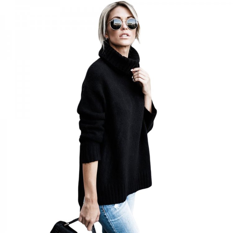 Black Causal Knit High Neck Loose Sweater