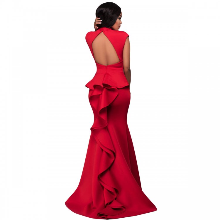 Red High Neck Ruffle Back Ponti Gown