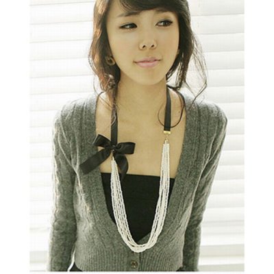 Multi Pearl Chains Satin Bow Sweater Necklace