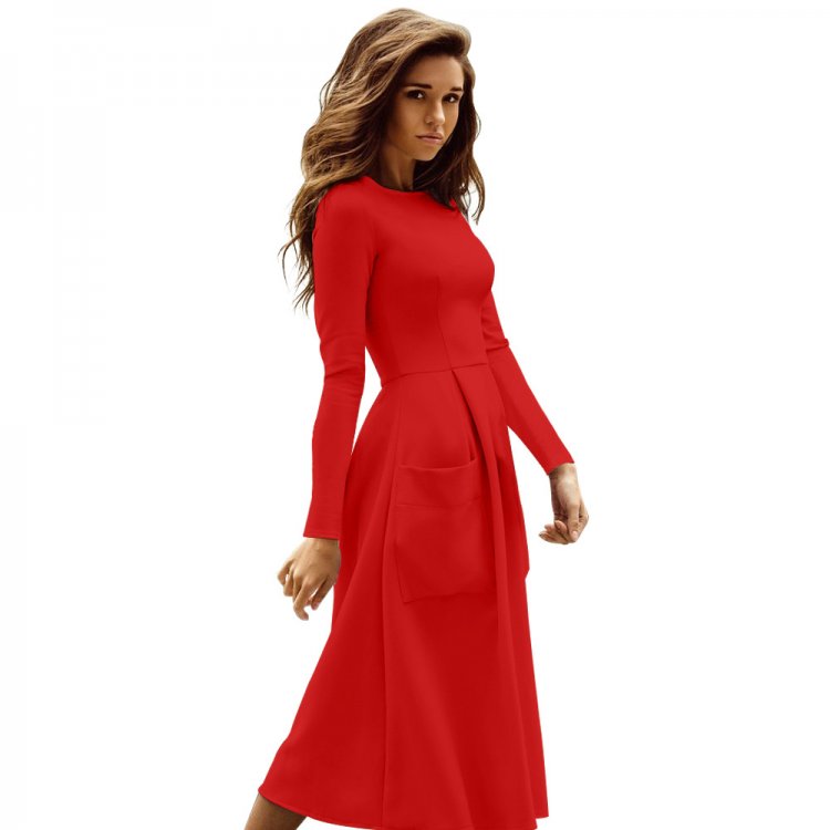 Red Bateau Collar Casual Big Pocket Skater Dress