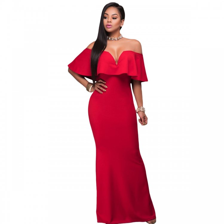 Red Ruffle Off Shoulder Maxi Party Dress