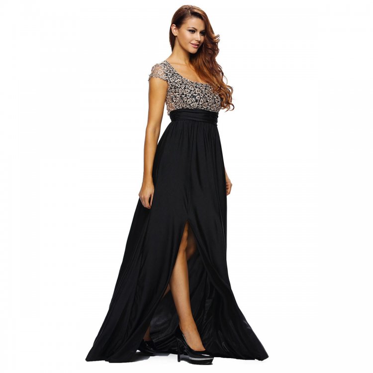 Amazing Gold Lace Overlay Slit Maxi Evening Gown
