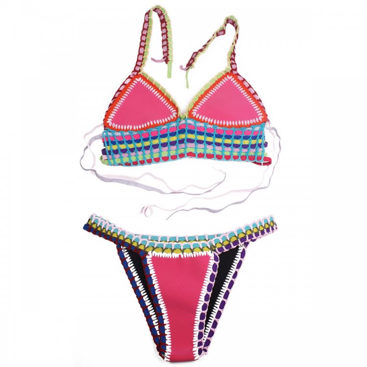 Multicolor Tie Up Crochet Pink Neoprene Bikini Swimsuit