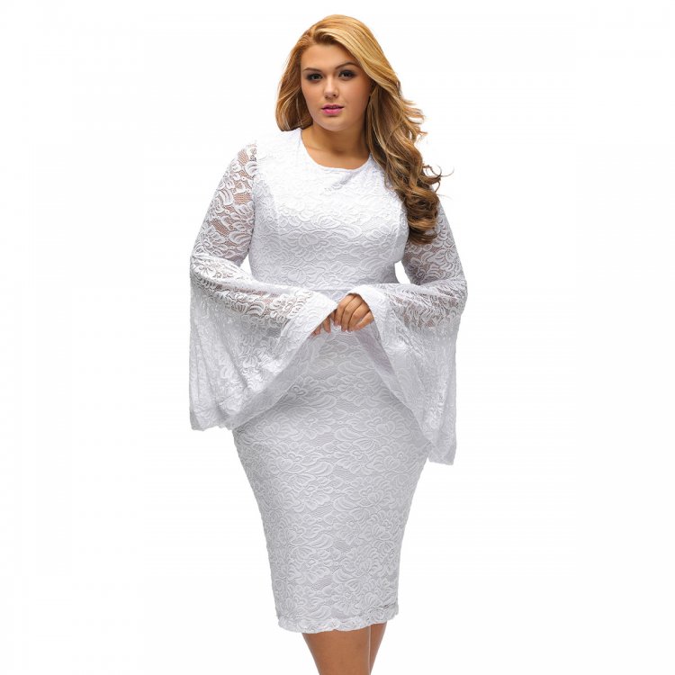 White Plus Size Bell Sleeves Lace Dress