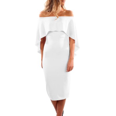 White Luxurious Off Shoulder Batwing Cape Midi Dress