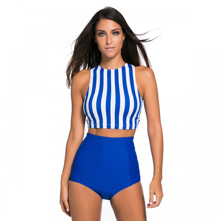Blue & White Stripe Crop Tankini Set