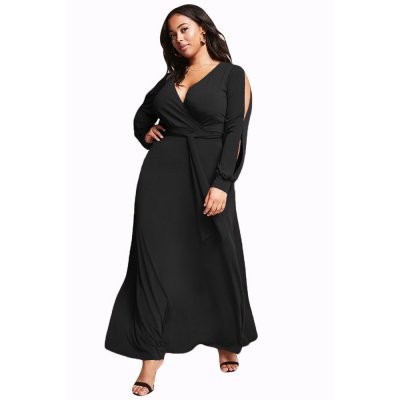 Black Surplice V Neck Plus Size Maxi Dress