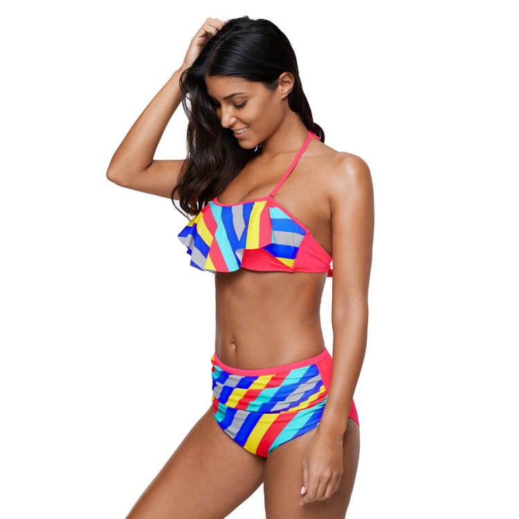 Rainbow Striped Ruffle Trim 2pcs Bikini Swimsuit