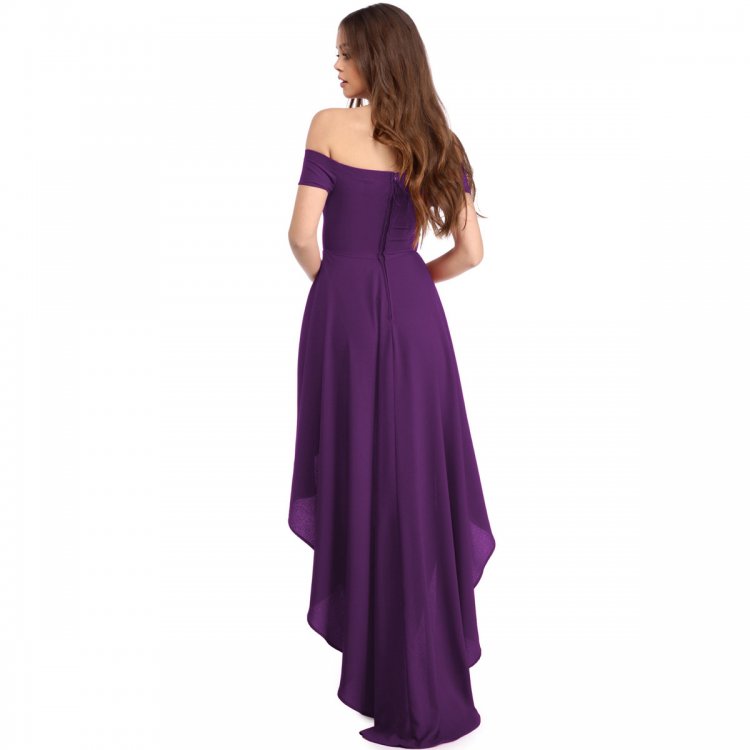 Purple High Low Hem Off Shoulder Party Dress