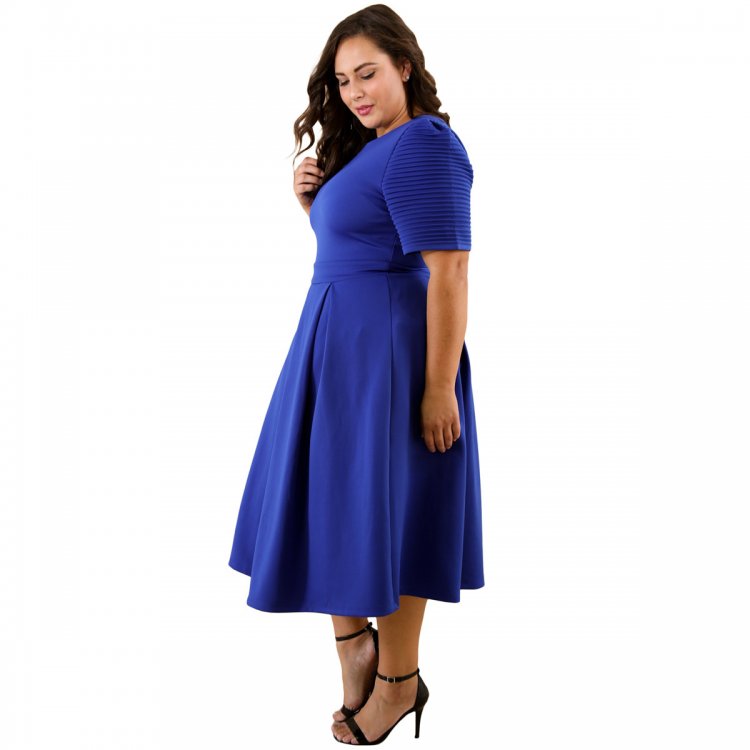 Blue Plus Size Pleat Flare Dress