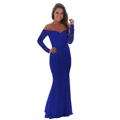 Blue Crochet Off Shoulder Maxi Evening Party Dress