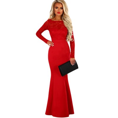 Red Lace Long Sleeve Bow Back Maxi Dress