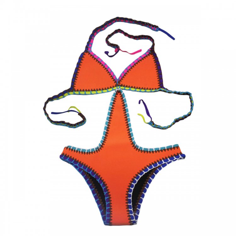 Orange Handmade Crochet Neoprene One Piece Swimsuit