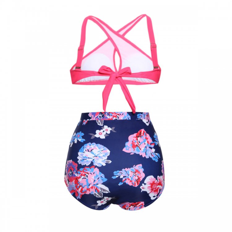 Pink Cross Front Bikini Vintage Floral High Waist Swimsuit