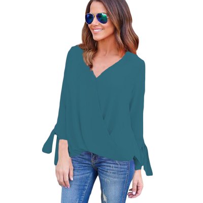 Green Womens V Neck Ruched Tie Sleeve Top