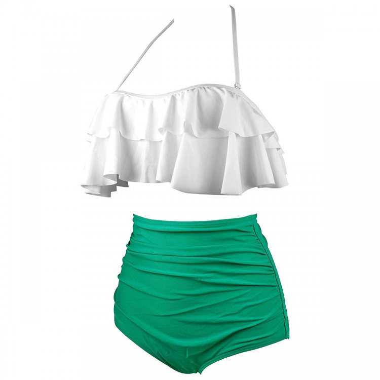 Solid White & Green Retro Boho Flounce High Waist Swimsuit