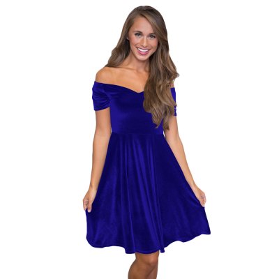 Blue Velvet Off Shoulder Pleated Skater Dress