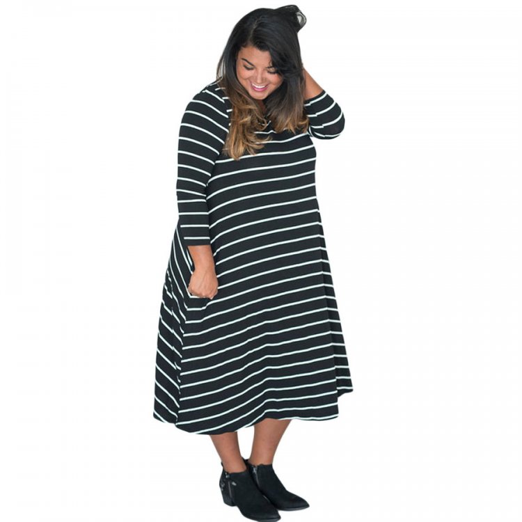 Black White 3/4 Sleeves Stripes Loose Fit Plus Dress