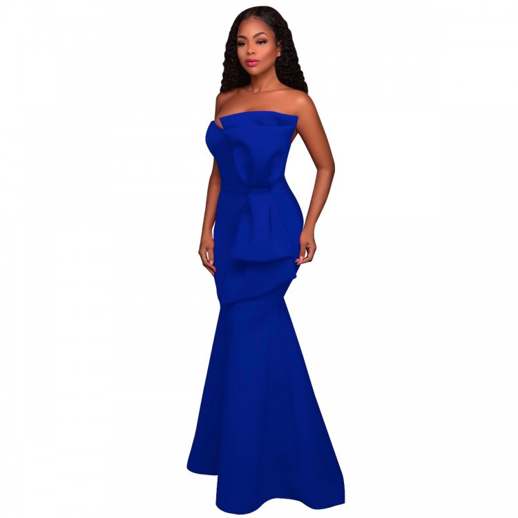 Blue Oversized Bow Applique Evening Party Gown