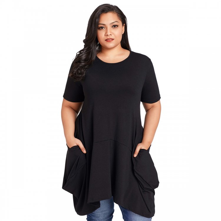 Black Casual Pocket Style Plus Size Jersey Dress