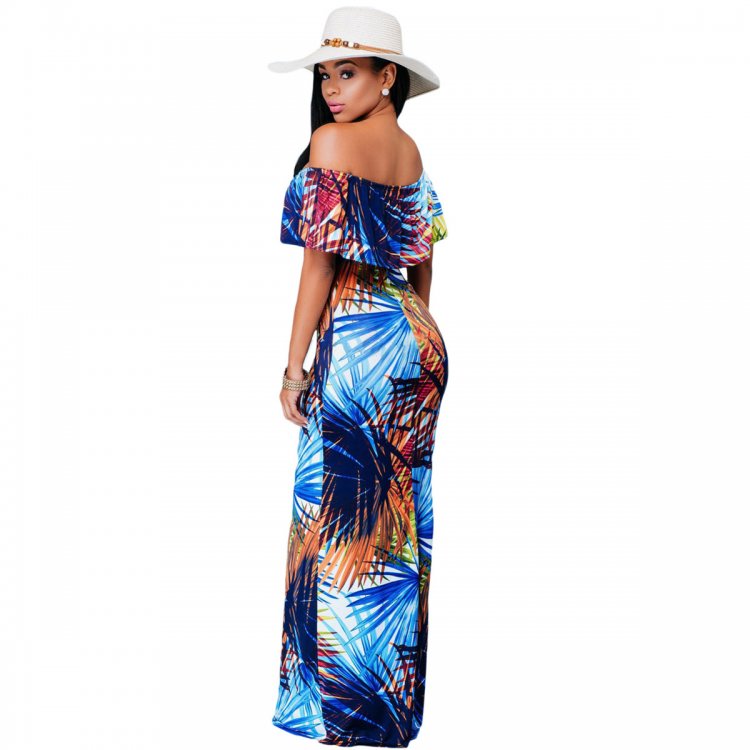 Tropical Print Off-the-shoulder Maxi Dress