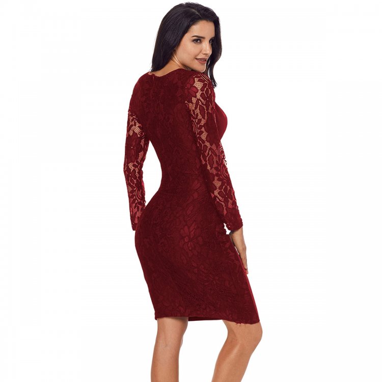 Red Floral Lace Panel Accent Ruched Sheath Dress
