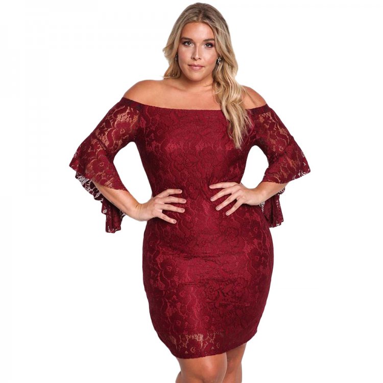 Burgundy Plus Size Off Shoulder Lace Bodycon Dress