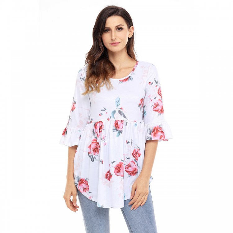 White Grounding Floral Print Babydoll Top