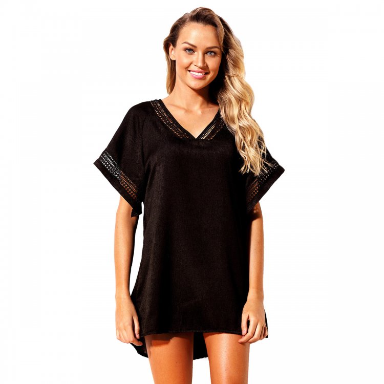 Black Hollow Out Crochet V-Neck Cover-Up