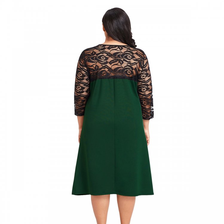 Green O Neck Lace Splice Plus Size Dress