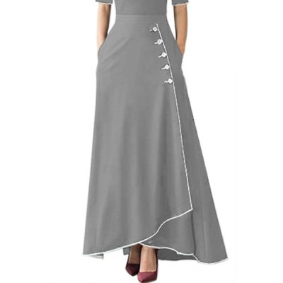 Grey Piped Button Embellished High Waist Maxi Skirt