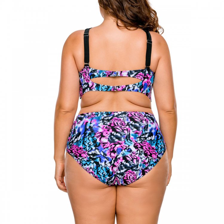 Bright Strappy High Neck Printed 2pcs Plus Size Swimsuit