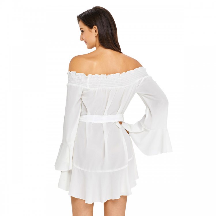 White Flare Sleeve Drop Hem Pleated Off Shoulder Dress