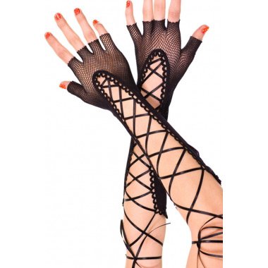 Black Lace up Fishnet Fingerless Gloves