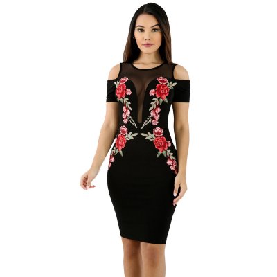 Mesh Combine Embroidered Rose Cold Shoulder Bodycon Dress