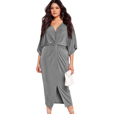 Gray Kimono Sleeve Knotted Pleated Front Plus Size Dress