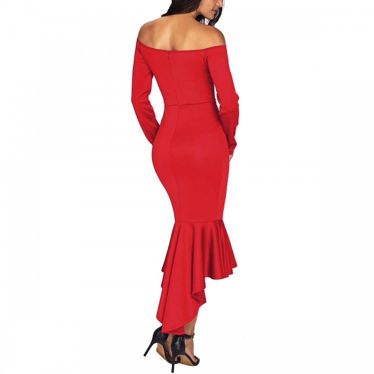 Red Off Shoulder Long Sleeve Mermaid Dress