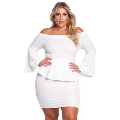 White Off The Shoulder Bell Sleeves Peplum Plus Dress