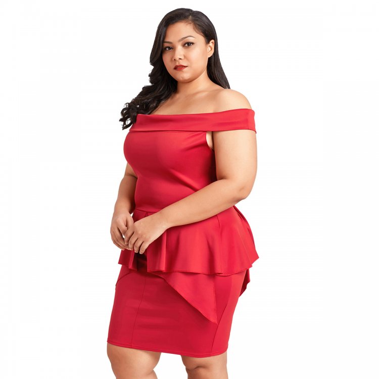 Red Plus Size Fold Over Off Shoulder Peplum Dress