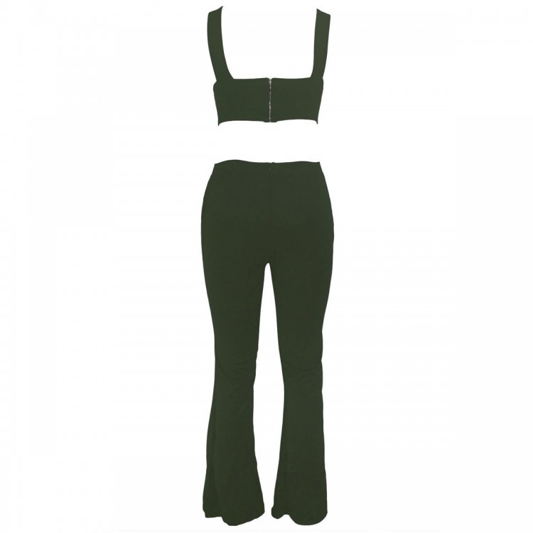 Army Green Cross Front Crop Top and Pocket Pant Set