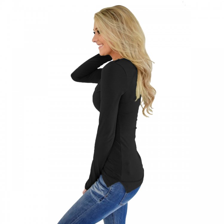 Black Button Long Sleeve Top with Pockets