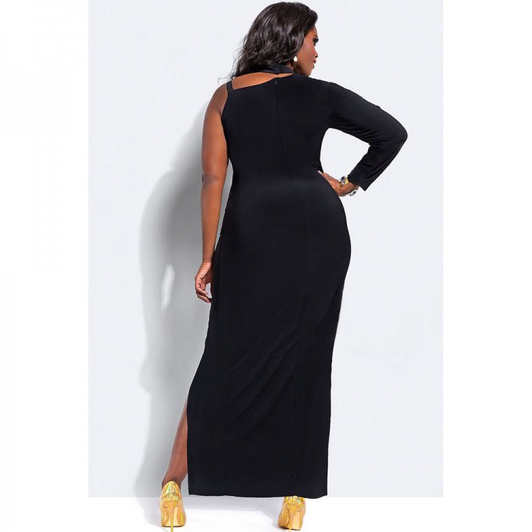Black One Sleeve High Slit Plus Maxi Dress