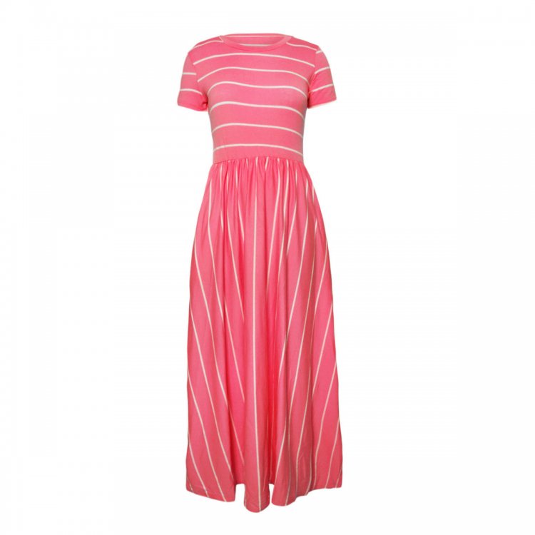 White Striped Rosy Short Sleeve Maxi Dress