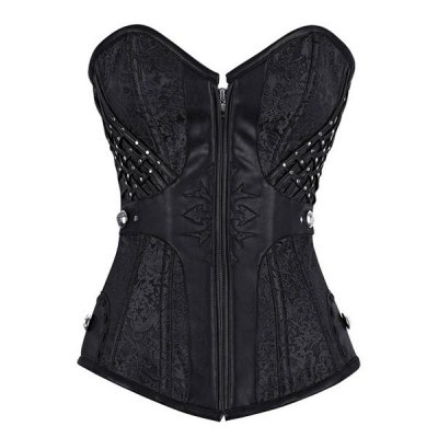 Stud and Faux Leather Trim Zip Front Black Brocade Corset